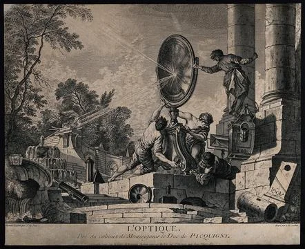 An optical experiment using a giant lens to reflect sun-rays to create fire.. Stock Illustration