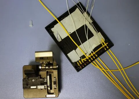 Optical fiber cleaver, Multiplexor open. Stock Photos
