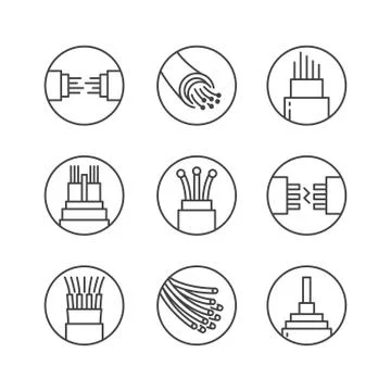 Optical fiber flat line vector icons. Network connection, computer wire, cable 库存插图