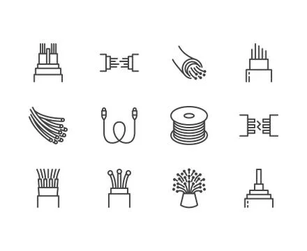 Optical fiber flat line vector icons. Network connection, computer wire, cable Stock Illustration