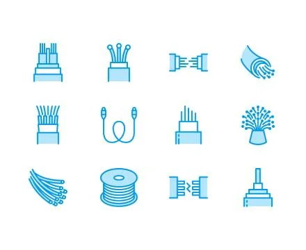 Optical fiber flat line vector icons. Network connection, computer wire, cable Stock Illustration