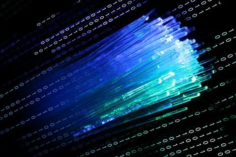 Optical fiber strands and binary code on black background, double exposure 写真素材