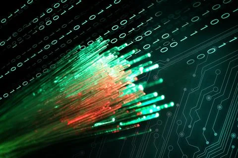 Optical fiber strands, binary code and circuit board, multiple exposure Foto stock