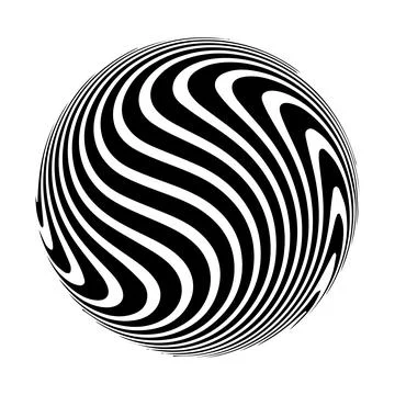 Optical illusion on 3d sphere. Sphere of stripes. Illusion effect. Black and  Stock Illustration