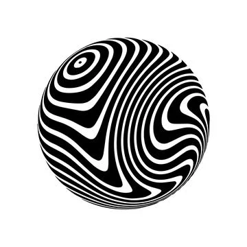 Optical illusion on 3d sphere. Sphere of stripes. Illusion effect. Black and  Illustrazione stock