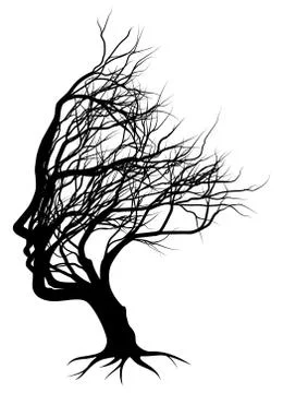 Optical Illusion Bare Tree Face Woman Silhouette Stock Illustration