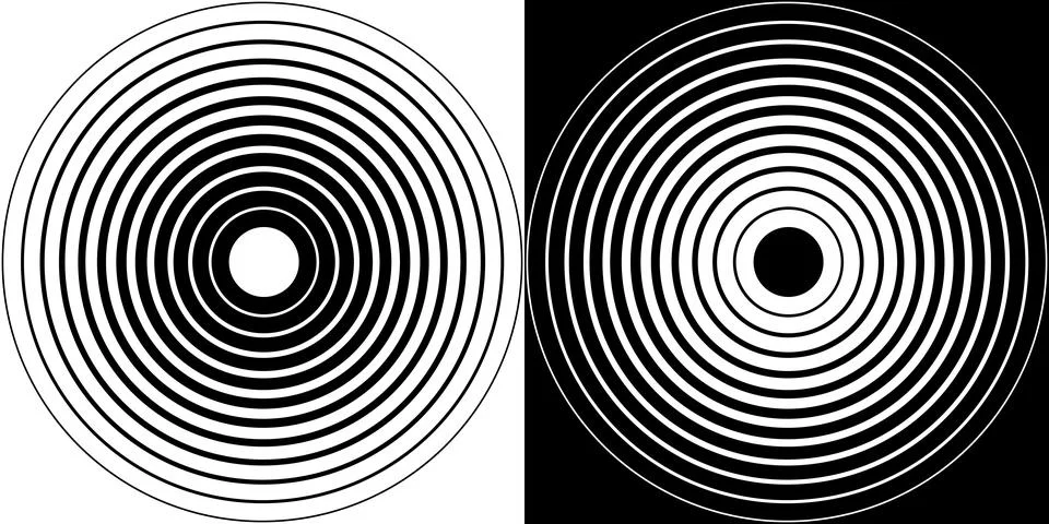 Optical illusion design, concentric circles on opposite black and white colors. Stock Illustration