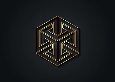 Optical illusion gold Impossible cube, isometric drawing. Logo Abstract logotype イラスト素材