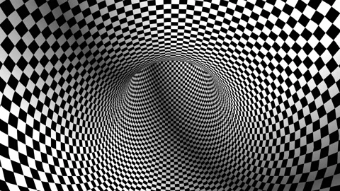 Optical illusion hypnotic black and white wormhole. Tunnel vortex checkerboard Stock Footage 142770700