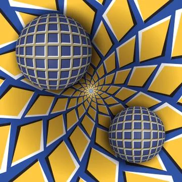 Optical illusion illustration. Two balls are moving on rotating background Stock Illustration