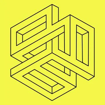 Optical illusion, impossible figure, black lines on a yellow background, optical Stock Illustration