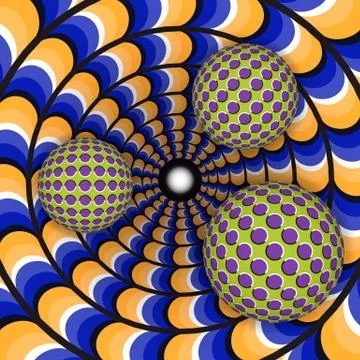 Optical illusion of rotation of three ball around of a moving hole. Stock Illustration