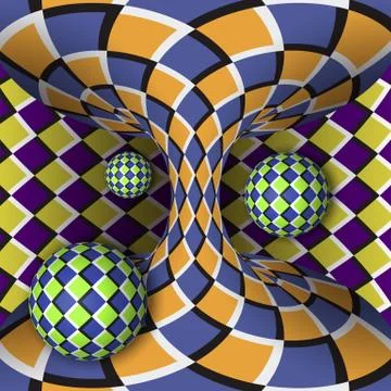 Optical illusion of rotation of three balls around of a moving hyperboloid Stock Illustration
