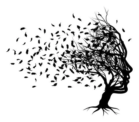 Optical Illusion Tree Face With Leaves Blowing Stock Illustration