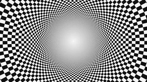 Optical illusion tunnel spiral pattern black and white checkerboard design 库存插图