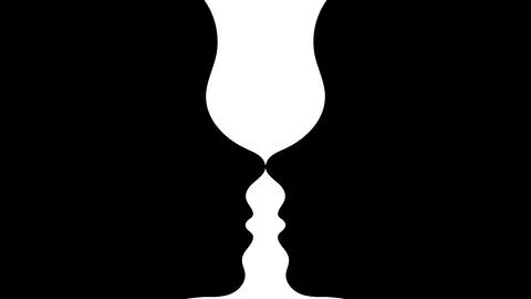 Optical illusion, two black silhouettes of faces in profile and a white silho Stock Illustration