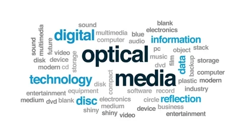 Optical media animated word cloud, text design animation. Stock Footage