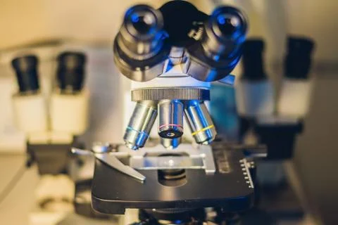 Optical microscope with four different objective lenses Foto stock