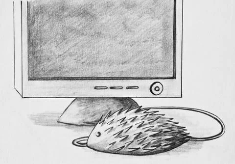 Optical mouse in the form of a hedgehog and a computer monitor. Cartoon Illustrazione stock