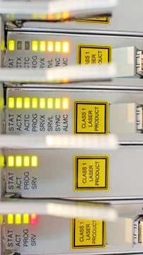 Optical multiplexor in a datacenter of mobile operator. Stock Photos