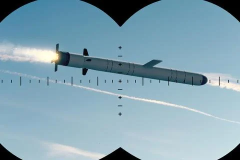 Optical scope tracking a flying cruise missile against blue sky and clouds. Stock Photos