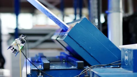 Optical Sensor at Blue Processing Machine, Factory Hall, Close Up Shot Stock Footage 341299320