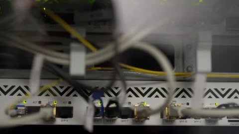 Optical server and router of the data center server room. Network equipment Video stock 159002293