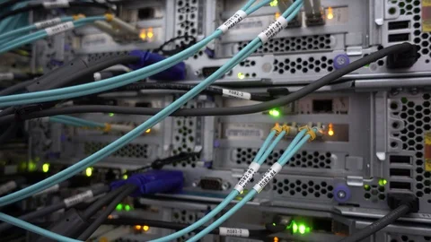 Optical server. Commutator. flashing lights. Optical fiber. Severs computer in a Stock Footage 107104077