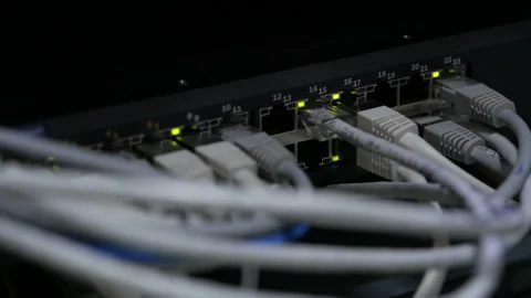Optical server. Commutator. flashing lights. Optical fiber. Video IP Gateways. Stock Footage 113613556