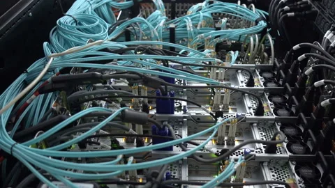 Optical server. Commutator. Severs computer in a rack at the large data center. Video stock 86250599