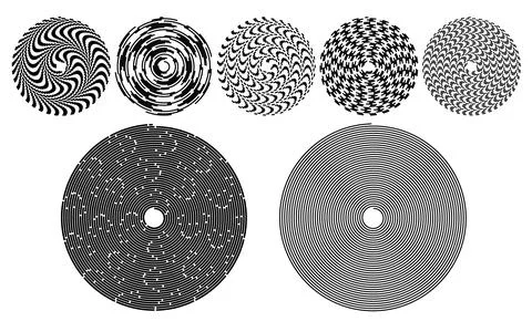 Optical sphere spiral patterns, textured circular swirls, vector distortion.. Ilustração Stock