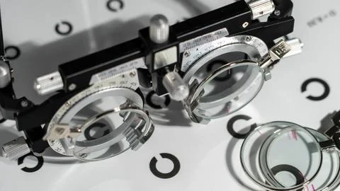 Optical test glasses with two lenses mounted on a metal frame 스톡 사진