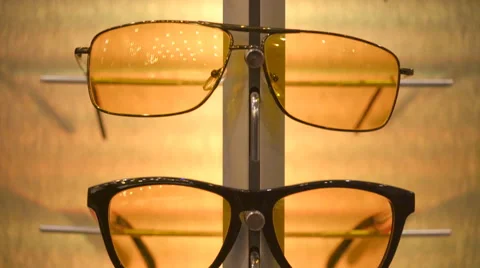 Optics and Exhibition. Different Models of Glasses Stock Footage 68601412