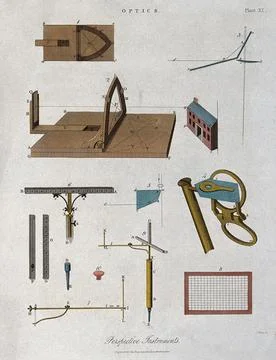 Optics: diagrams of reflection and refraction of light. Coloured engraving .. Stock Illustration