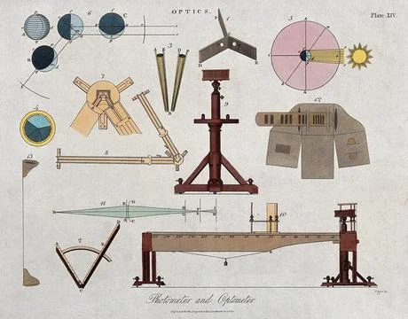 Optics: diagrams of reflection and refraction of light. Coloured engraving .. Stock Illustration