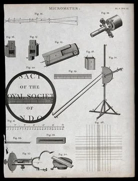 Optics: microscopy, including a magnified title page and a specimen holder... Stock Illustration