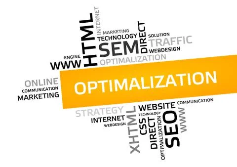 OPTIMALIZATION word cloud, tag cloud, vector graphic - business and internet  Illustrazione stock
