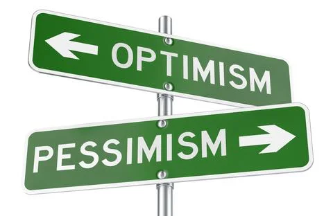Optimism or Pessimism green direction arrows, street signs. 3D rendering Stock Illustration