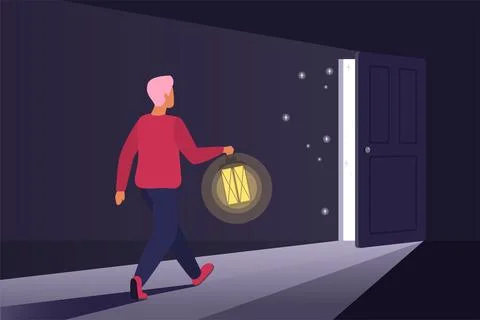 Optimism, step towards bright future, optimistic man walking with lantern to Stock Illustration