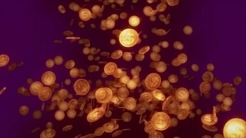 An optimistic 3d illustration of shining round coins spinning and whirling hi Illustrazione stock