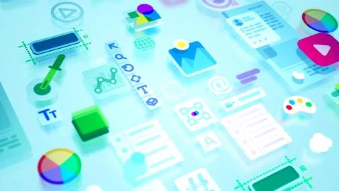An optimistic 3d illustration of various interface constituents including suc Illustrazione stock