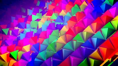 Optimistic 3d rendering of rainbow pyramids located on a slanted surface in s Stock Illustration