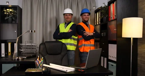 Optimistic Caucasian Engineer Men Look Camera Posing Happy Smiling Presentation Stock Footage 67906007