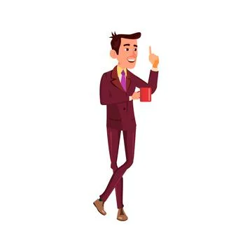 Optimistic man with drink cup pointing up cartoon vector Stock Illustration