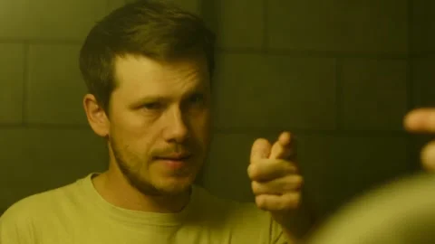 Optimistic man preparing for success in bathroom mirror Video stock 321737229