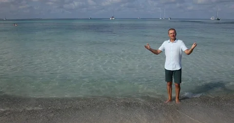 Optimistic Man Talk Looking Camera Speech Seaside View Beautiful Turquoise Ocean Stock Footage 77041878