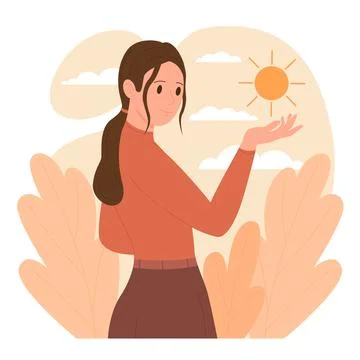 Optimistic mindset, positive thinking concept, happy person holding sun to enjoy Stock Illustration
