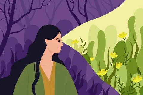 Optimistic outlook and focus on good future ahead, psychology concept with happy Stock Illustration
