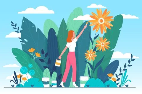 Optimistic positive mindset and good mood, happy girl holding paintbrush to Stock Illustration