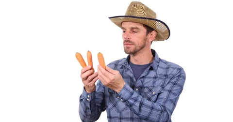 Optimistic Successful Rancher Man Thumb Up Sign Gestures Inspect Organic Carrots Stock Footage 75835517